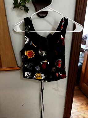 Cropped Black Tank Top with Multicolored NBA Team Logos